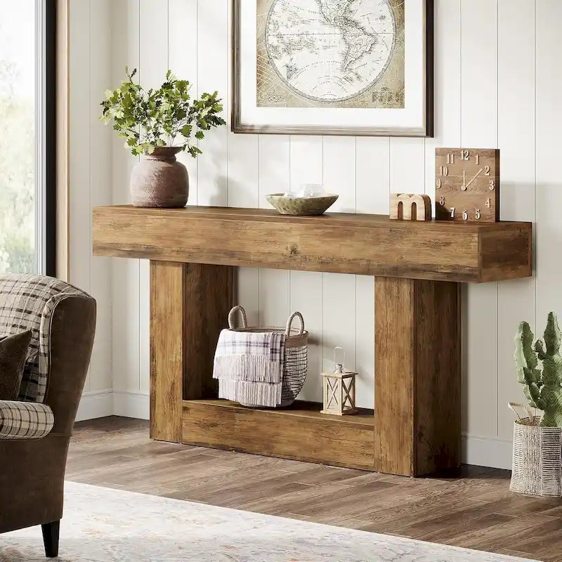 Farmhouse Two-Tone Console Table with Lower Shelf - 63" Wide Narrow Entryway & Sofa Table