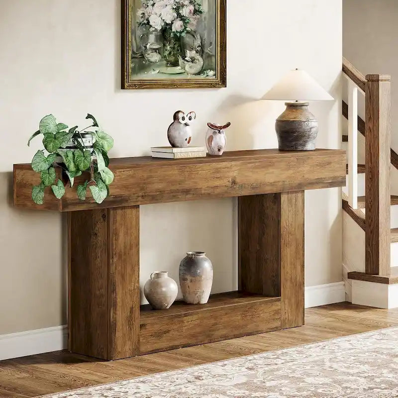 Farmhouse Two-Tone Console Table with Lower Shelf - 63" Wide Narrow Entryway & Sofa Table