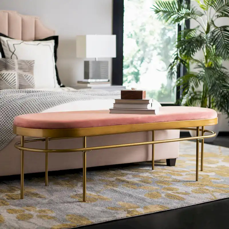 Luxury Velvet Oval Bench with Gold Metal Legs