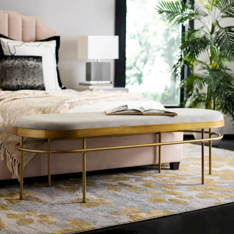 Luxury Velvet Oval Bench with Gold Metal Legs