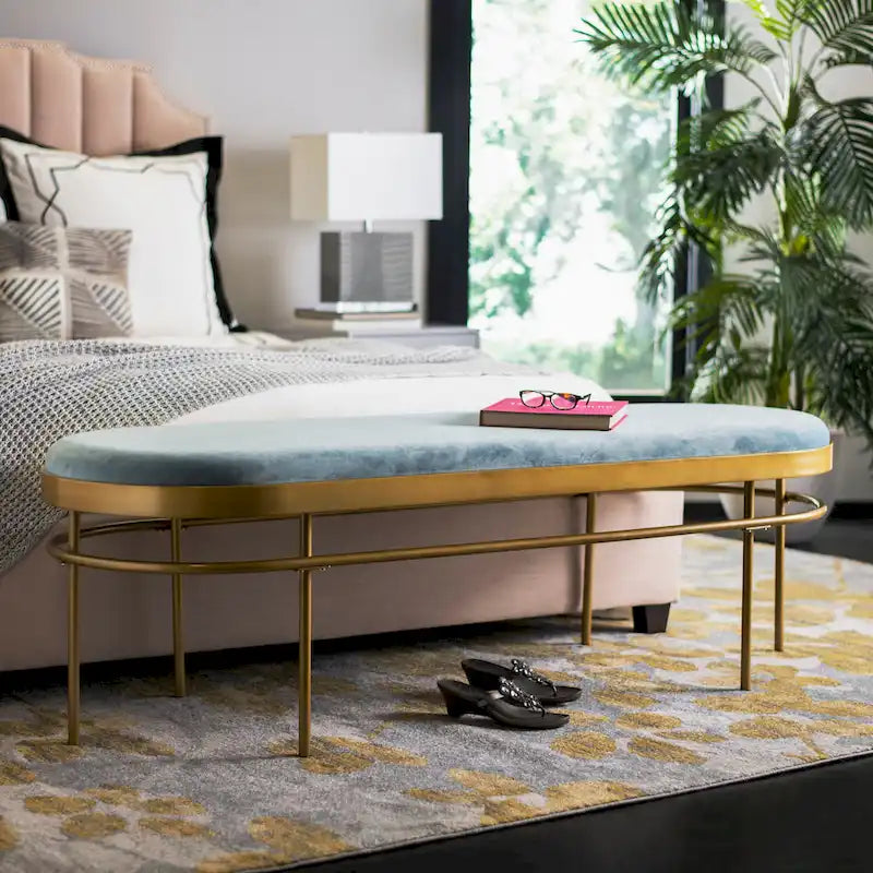 Luxury Velvet Oval Bench with Gold Metal Legs