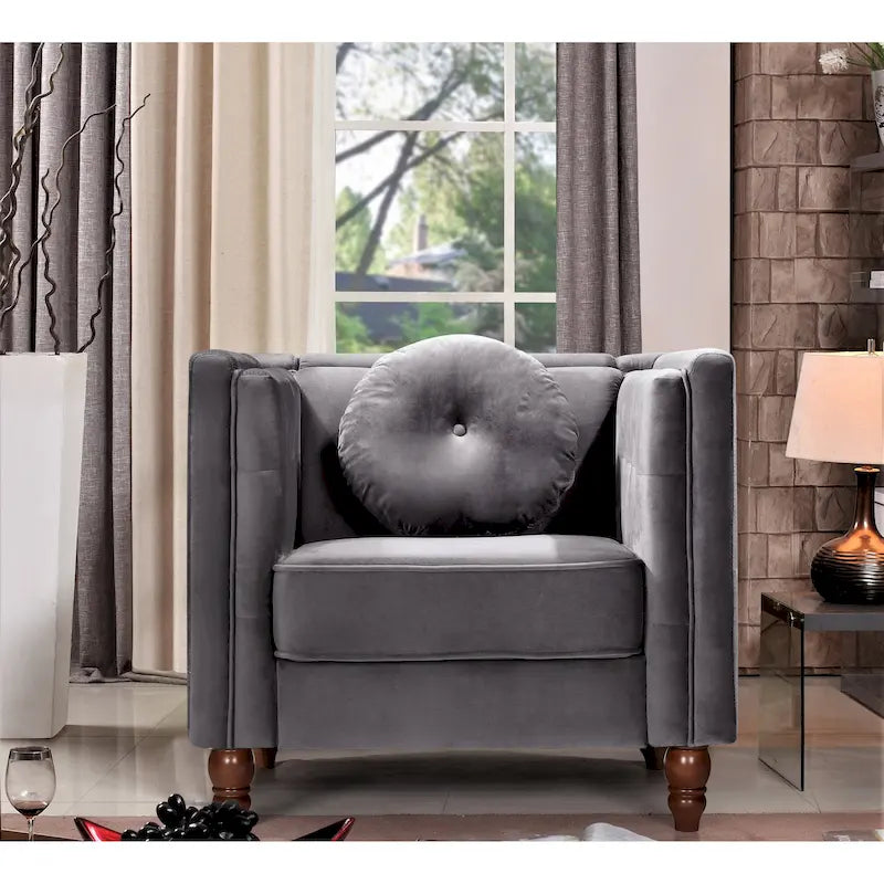 Chesterfield Button-Tufted Accent Chair in Crushed Velvet with Tapered Wood Legs