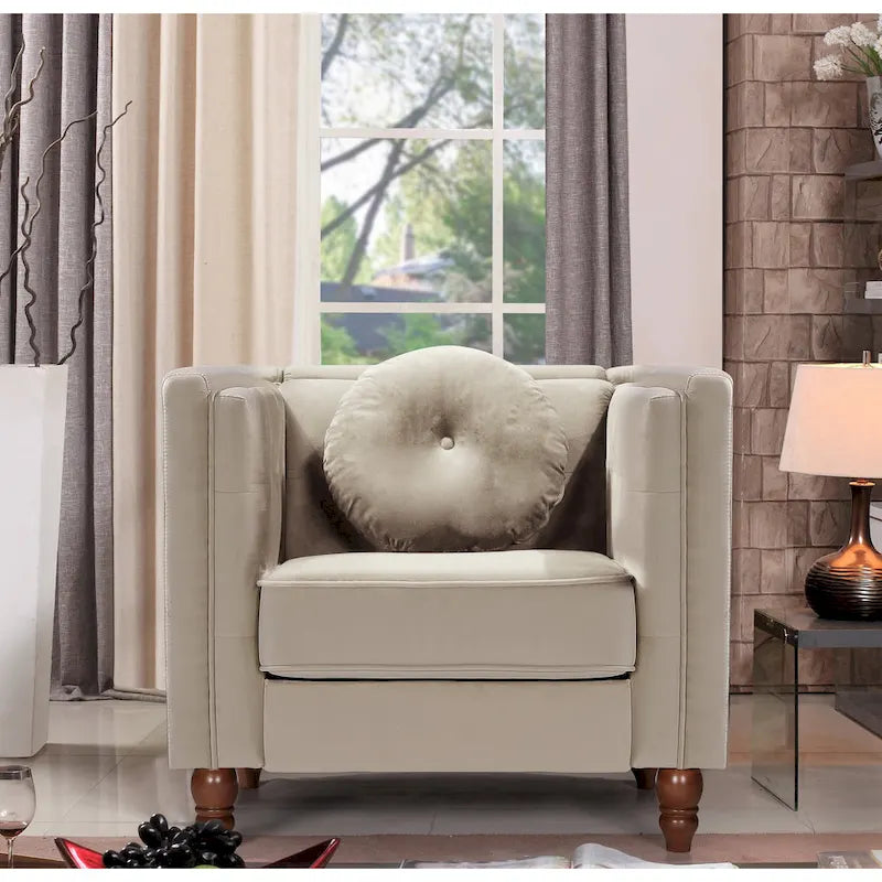 Chesterfield Button-Tufted Accent Chair in Crushed Velvet with Tapered Wood Legs