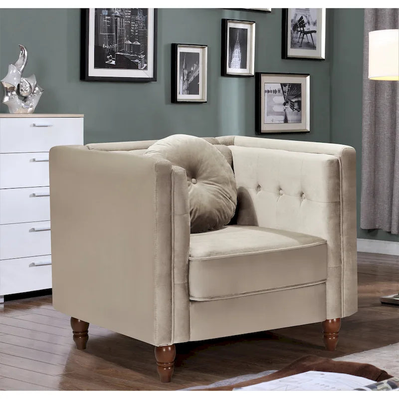 Chesterfield Button-Tufted Accent Chair in Crushed Velvet with Tapered Wood Legs