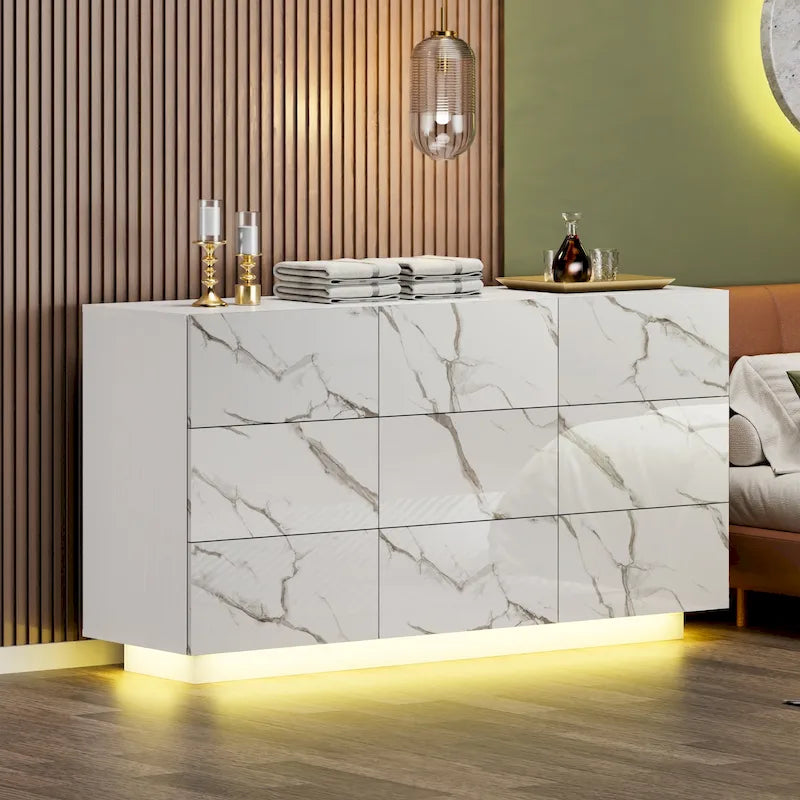 Commode de rangement à 9 tiroirs avec éclairage LED inférieur
