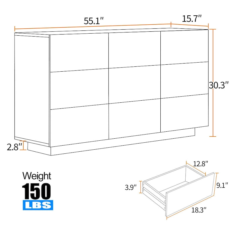 Commode de rangement à 9 tiroirs avec éclairage LED inférieur