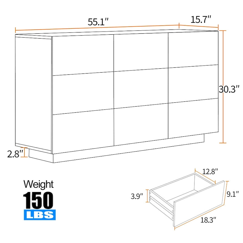 Commode de rangement à 9 tiroirs avec éclairage LED inférieur