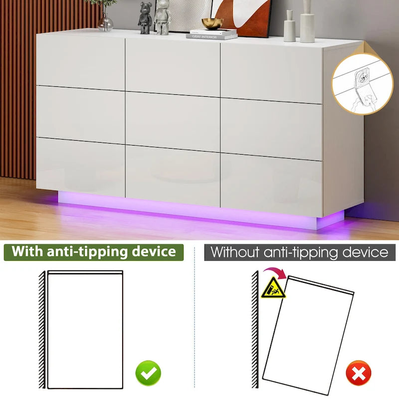 Commode de rangement à 9 tiroirs avec éclairage LED inférieur