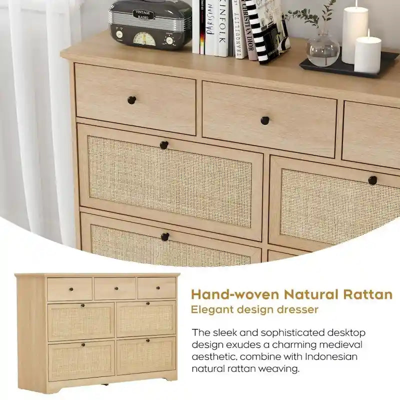 Boho 7-Drawer Dresser with Hand-Woven Natural Rattan Front & MDF Frame