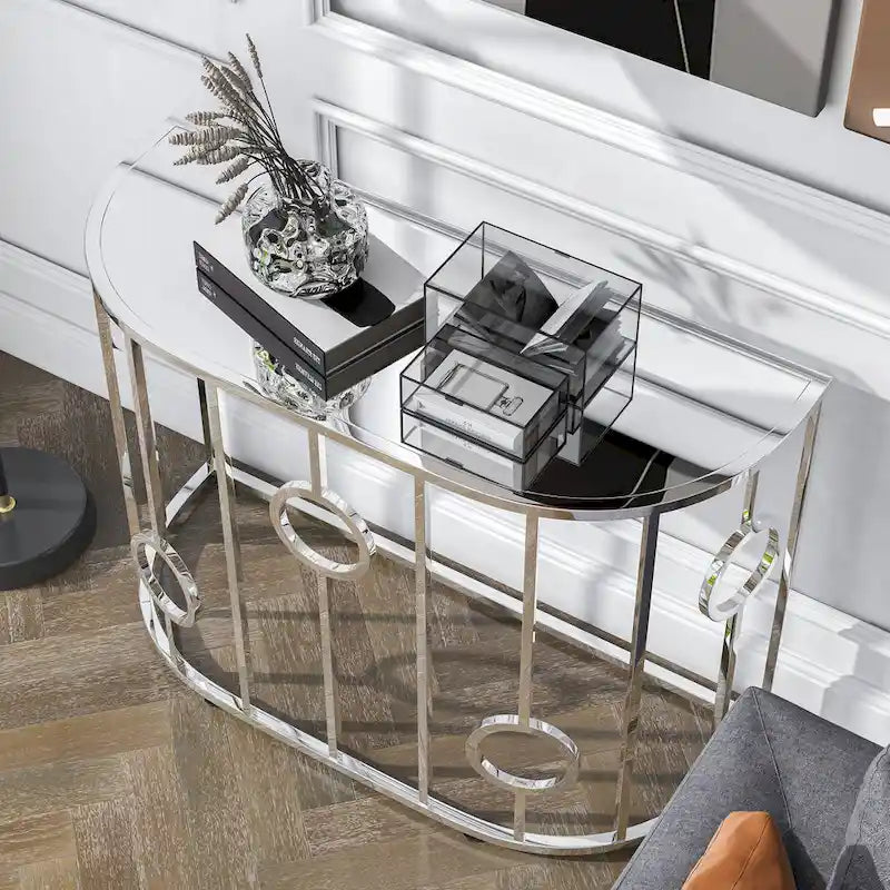 Table console glamour chromée avec plateau en verre miroir et structure décorative en anneaux - Largeur de 42"