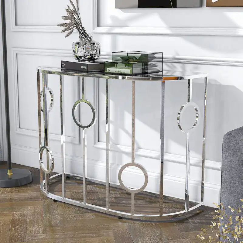 Table console glamour chromée avec plateau en verre miroir et structure décorative en anneaux - Largeur de 42"