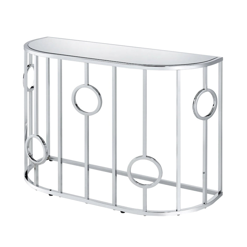Table console glamour chromée avec plateau en verre miroir et structure décorative en anneaux - Largeur de 42"