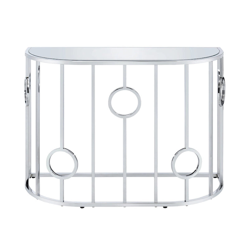 Glam Chrome Console Table with Mirrored Glass Top & Decorative Ring Frame - 42" Wide