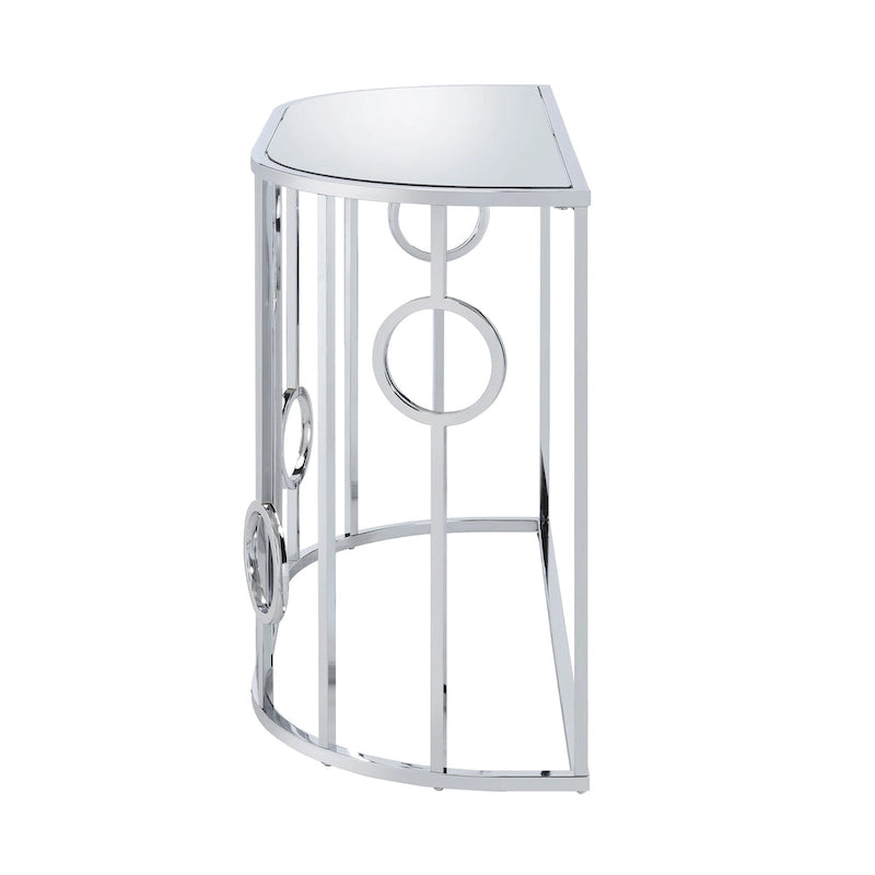 Table console glamour chromée avec plateau en verre miroir et structure décorative en anneaux - Largeur de 42"