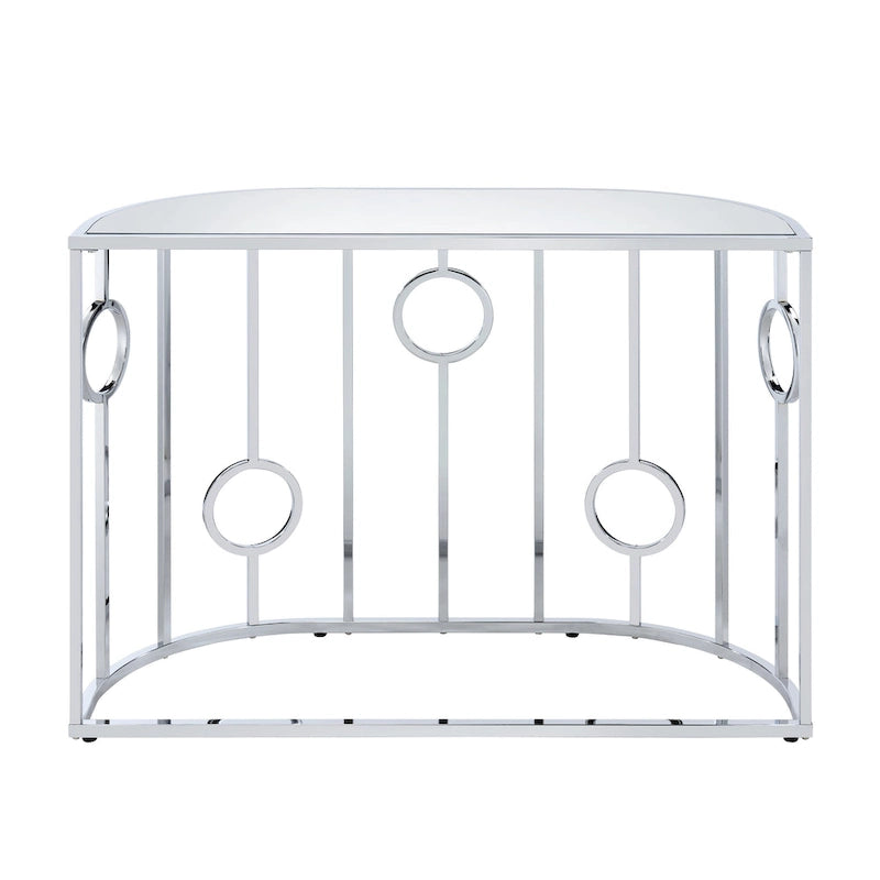 Table console glamour chromée avec plateau en verre miroir et structure décorative en anneaux - Largeur de 42"