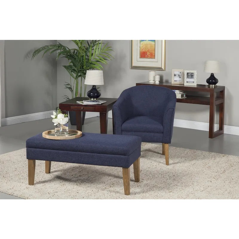 Fauteuil d'appoint bleu marine en tissu texturé épais, avec pieds finition bois flotté - style moderne du milieu du siècle
