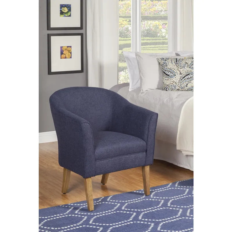 Fauteuil d'appoint bleu marine en tissu texturé épais, avec pieds finition bois flotté - style moderne du milieu du siècle