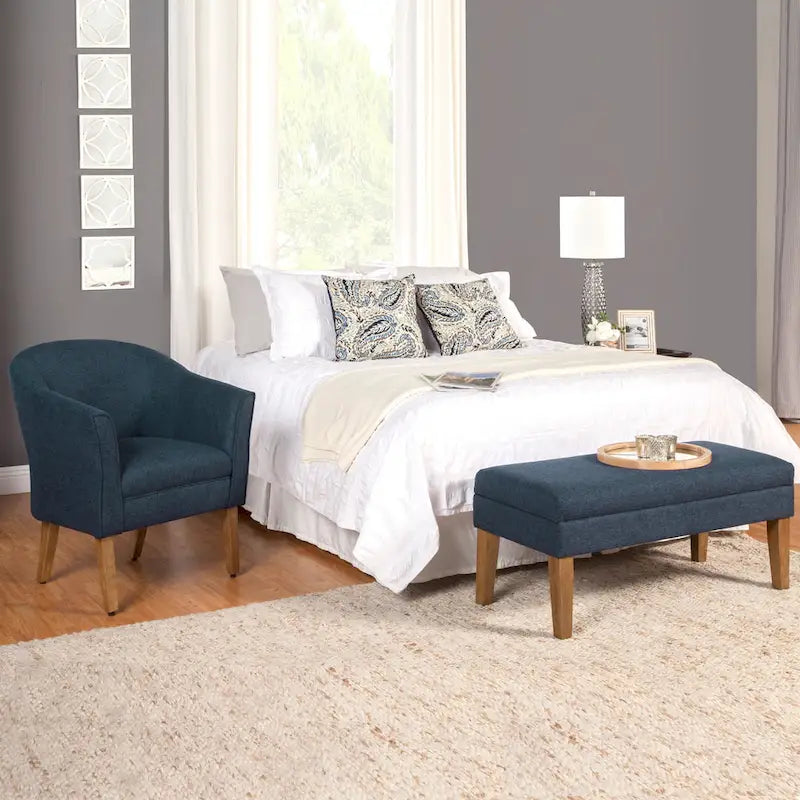 Fauteuil d'appoint bleu marine en tissu texturé épais, avec pieds finition bois flotté - style moderne du milieu du siècle