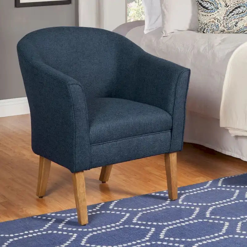 Fauteuil d'appoint bleu marine en tissu texturé épais, avec pieds finition bois flotté - style moderne du milieu du siècle
