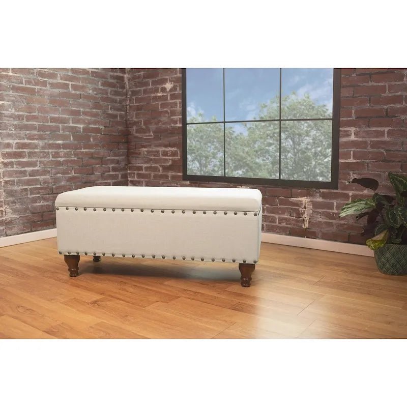 Tufted Linen-Look Storage Bench with Nailhead Trim & Walnut Wood Legs - 42" Wide