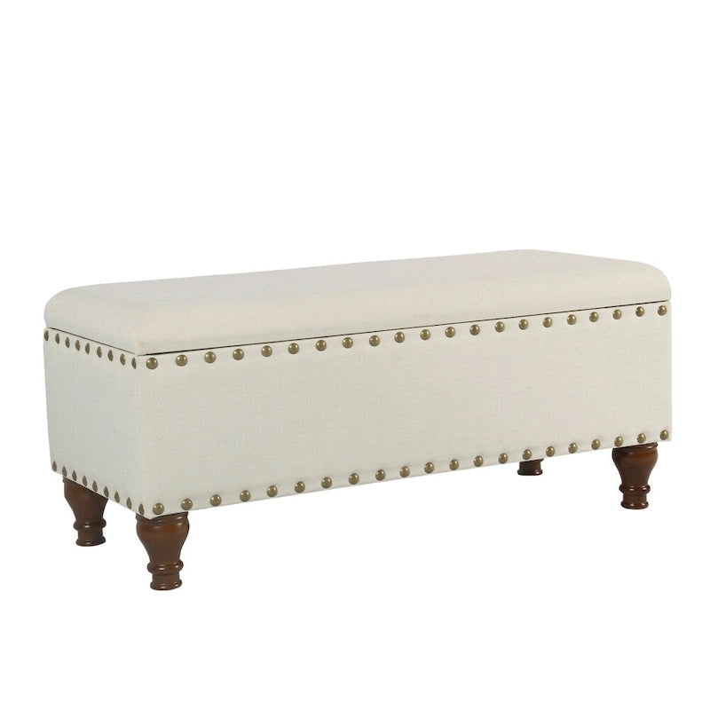 Tufted Linen-Look Storage Bench with Nailhead Trim & Walnut Wood Legs - 42" Wide