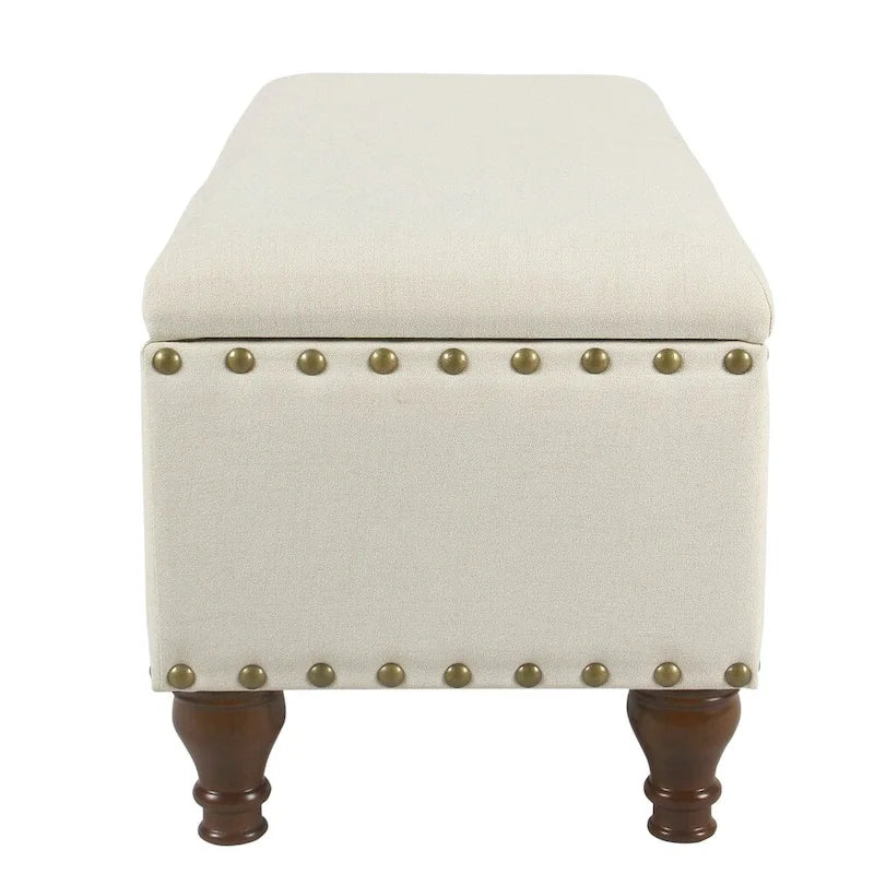 Tufted Linen-Look Storage Bench with Nailhead Trim & Walnut Wood Legs - 42" Wide