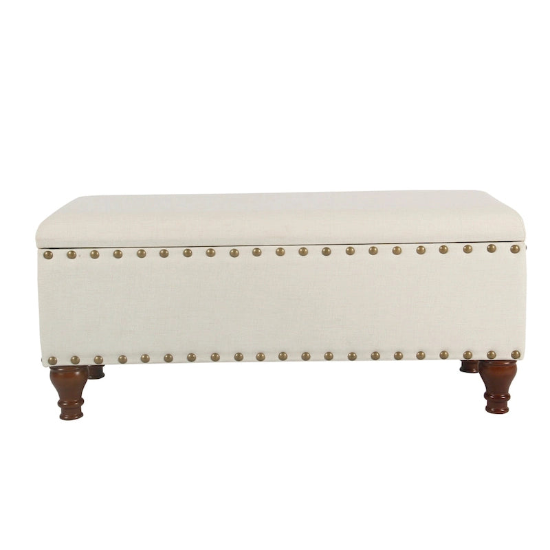 Tufted Linen-Look Storage Bench with Nailhead Trim & Walnut Wood Legs - 42" Wide