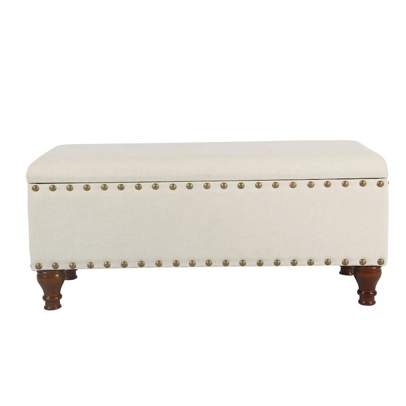 Tufted Linen-Look Storage Bench with Nailhead Trim & Walnut Wood Legs - 42" Wide