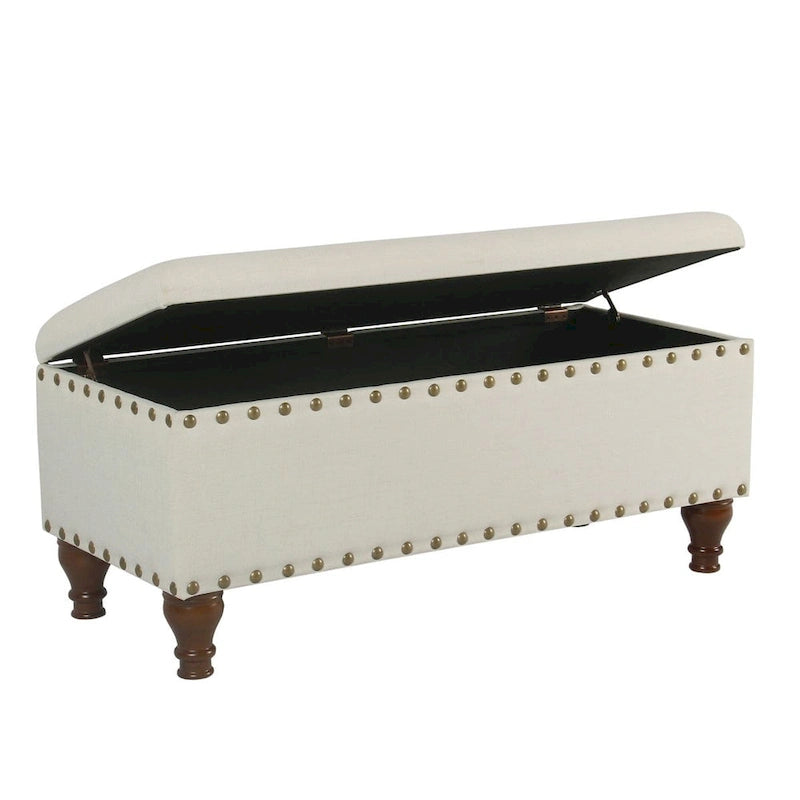 Tufted Linen-Look Storage Bench with Nailhead Trim & Walnut Wood Legs - 42" Wide