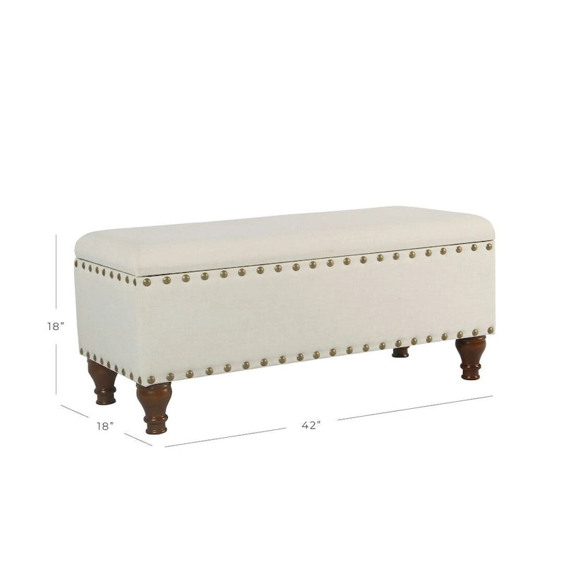 Tufted Linen-Look Storage Bench with Nailhead Trim & Walnut Wood Legs - 42" Wide