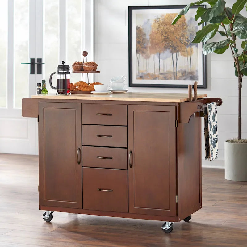 Desserte îlot de cuisine roulante de style champêtre avec 4 tiroirs, 2 placards et porte-épices - largeur de 54"