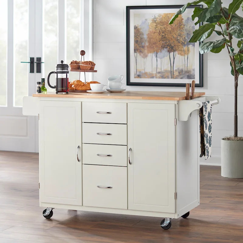 Country Style Rolling Kitchen Island Cart with 4 Drawers, 2 Cabinets & Spice Rack - 54" Wide
