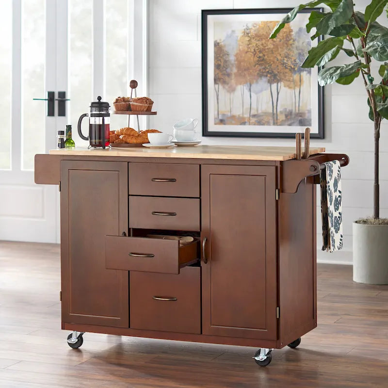 Country Style Rolling Kitchen Island Cart with 4 Drawers, 2 Cabinets & Spice Rack - 54" Wide