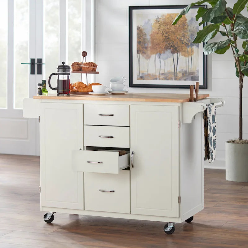 Country Style Rolling Kitchen Island Cart with 4 Drawers, 2 Cabinets & Spice Rack - 54" Wide
