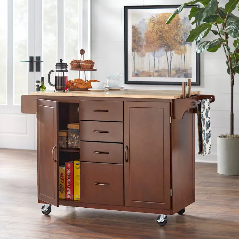 Country Style Rolling Kitchen Island Cart with 4 Drawers, 2 Cabinets & Spice Rack - 54" Wide