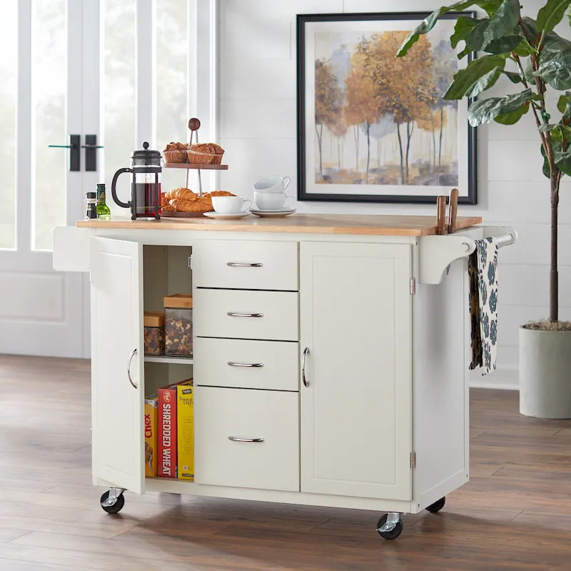 Desserte îlot de cuisine roulante de style champêtre avec 4 tiroirs, 2 placards et porte-épices - largeur de 54"