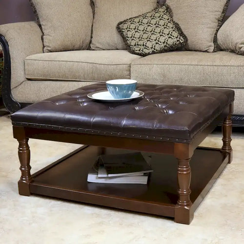 34" Square Tufted Ottoman with Lower Shelf and Nailhead Trim