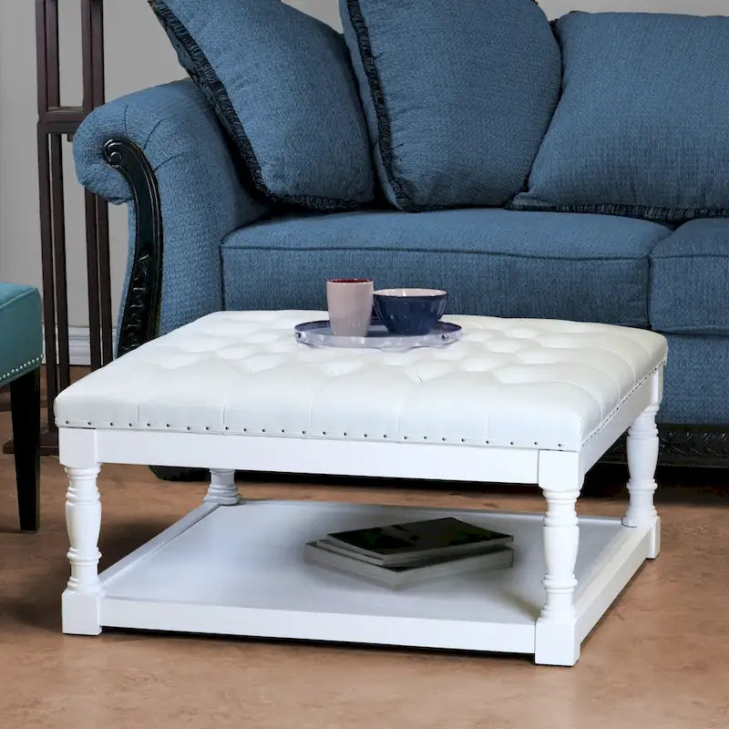 34" Square Tufted Ottoman with Lower Shelf and Nailhead Trim