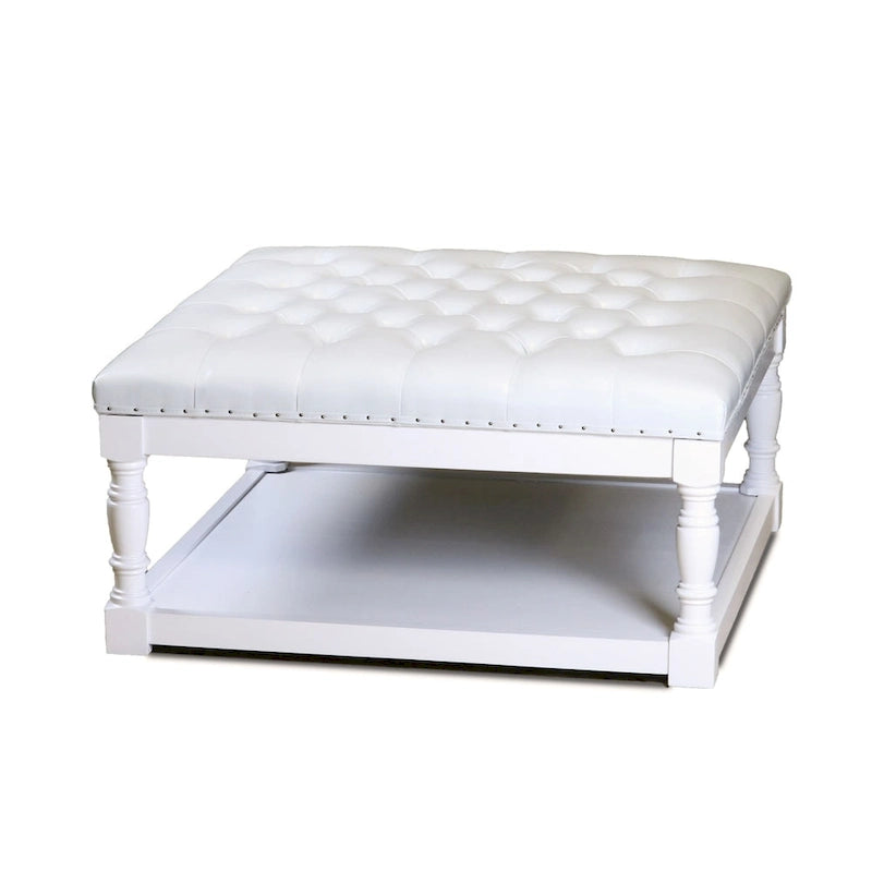 34" Square Tufted Ottoman with Lower Shelf and Nailhead Trim