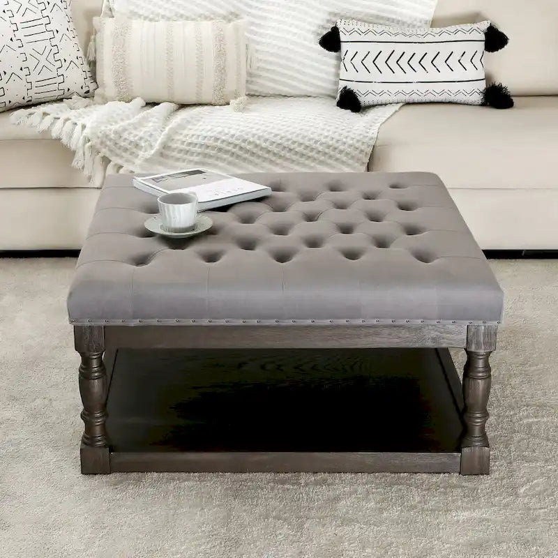 34" Square Tufted Ottoman with Lower Shelf and Nailhead Trim