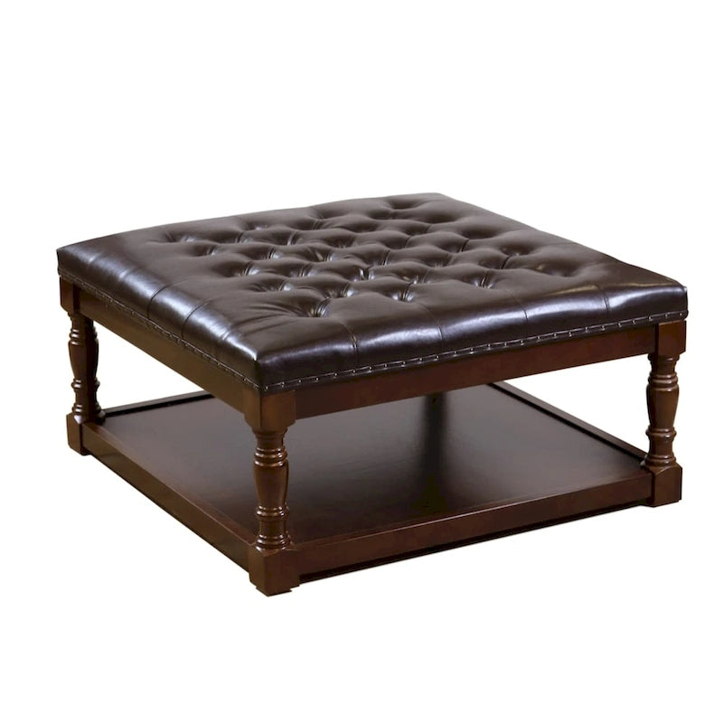 34" Square Tufted Ottoman with Lower Shelf and Nailhead Trim