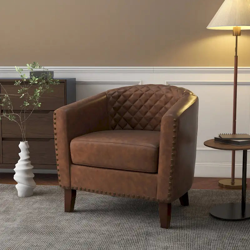Tufted Faux Leather Accent Armchair with Nailhead Trim