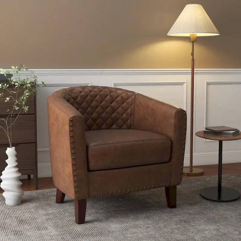 Tufted Faux Leather Accent Armchair with Nailhead Trim