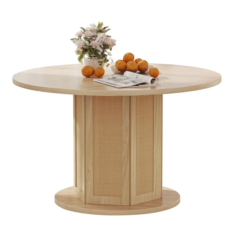 47" Round Farmhouse Dining Table with Rattan Pedestal Base