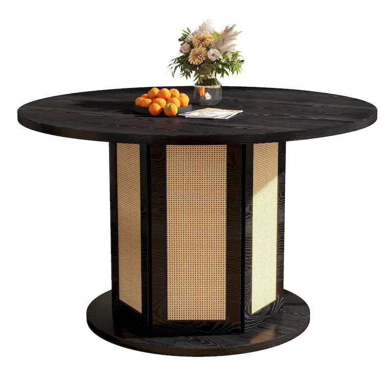47" Round Farmhouse Dining Table with Rattan Pedestal Base
