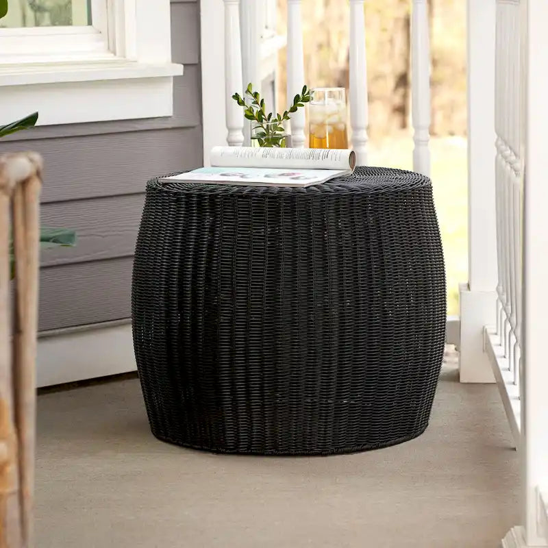 Handwoven Resin Barrel Side Table with Hidden Metal Frame