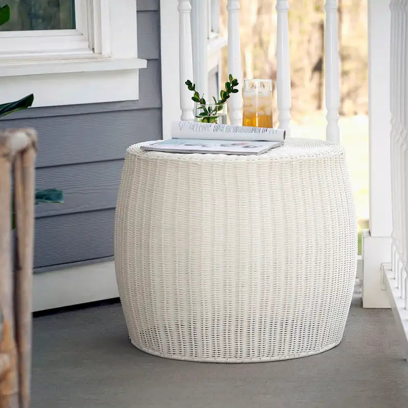 Handwoven Resin Barrel Side Table with Hidden Metal Frame