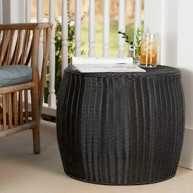 Handwoven Resin Barrel Side Table with Hidden Metal Frame