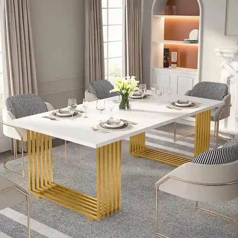 71" Modern Executive Desk in White and Gold with Metal Frame