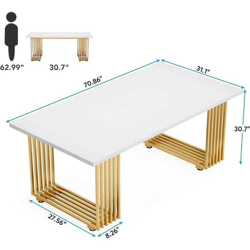 71" Modern Executive Desk in White and Gold with Metal Frame